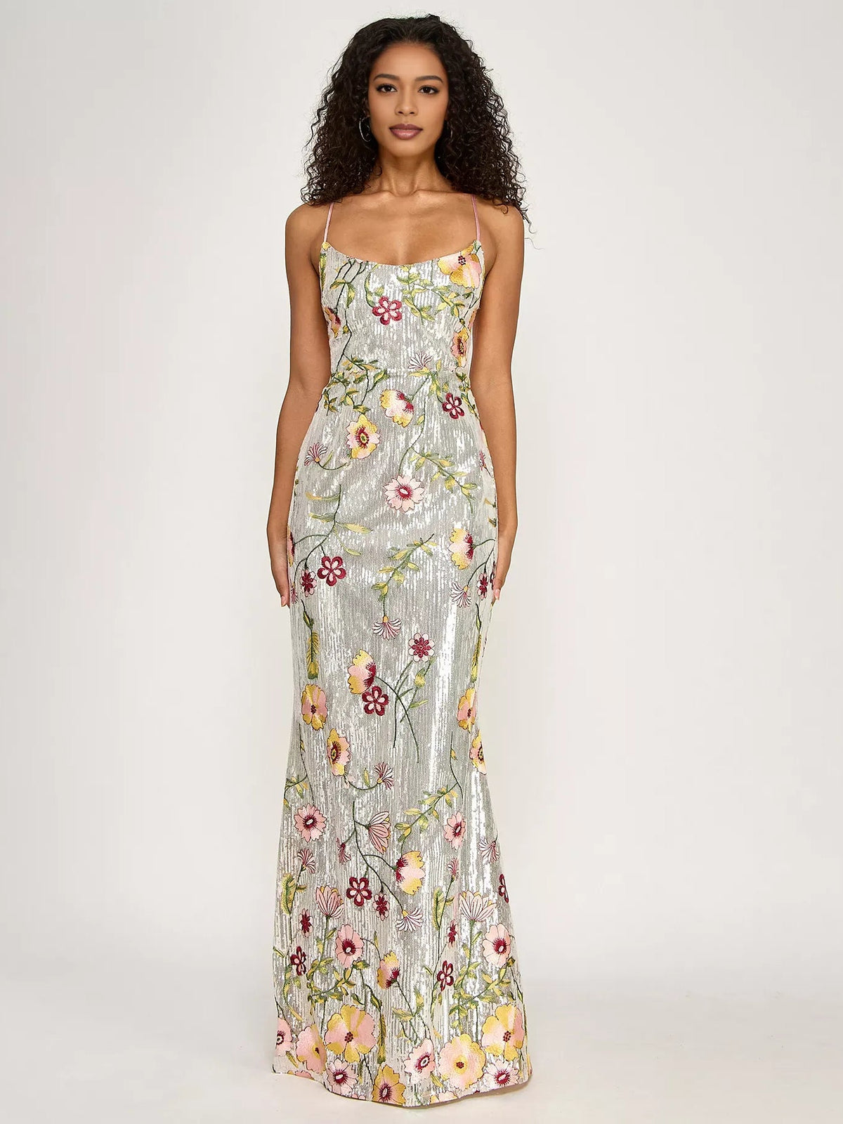 Light gray floral print embroidered floor-length formal dress with spaghetti straps