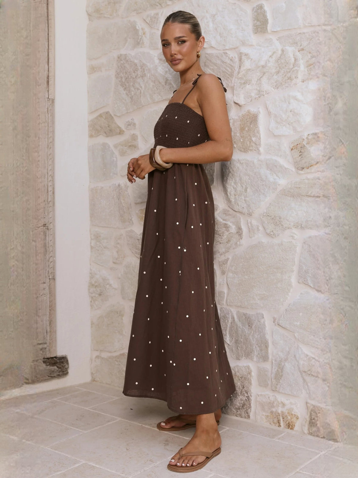 Chocolate a-line maxi formal dress with printed pattern, alternate full-length view