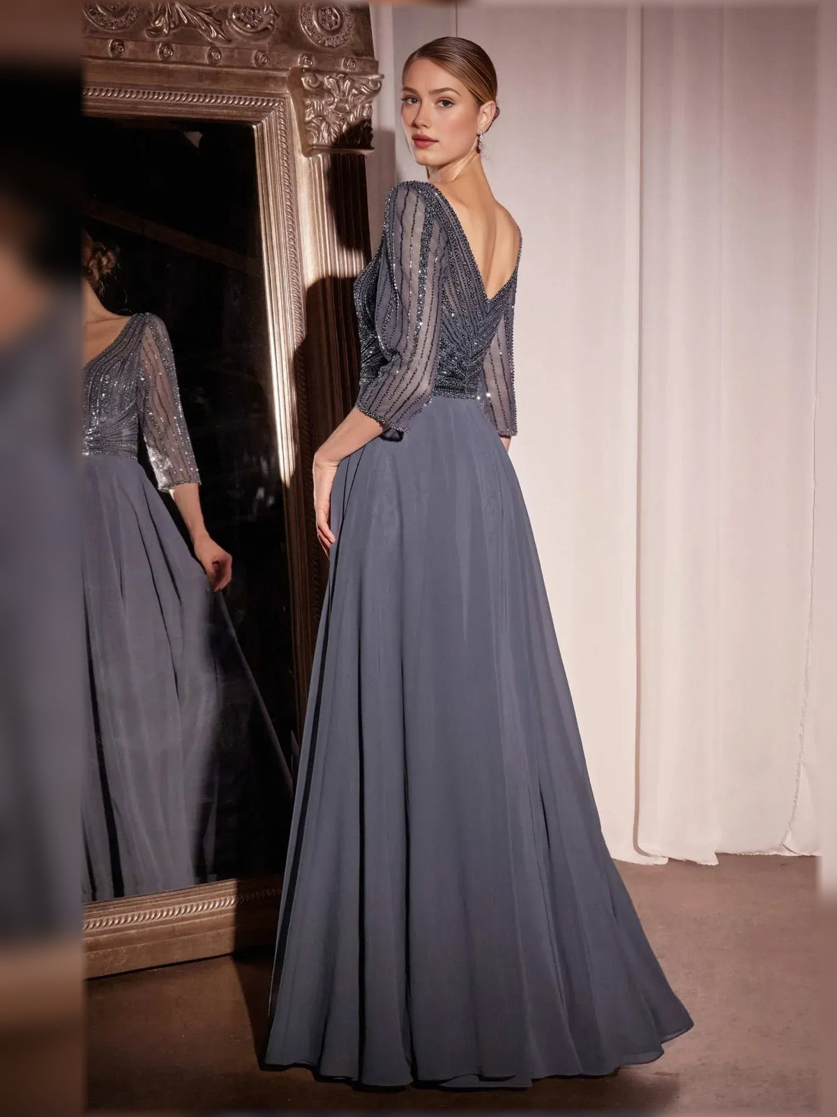 Wisteria V-neck chiffon A-line formal dress with silver beaded V-neck bodice and flared skirt