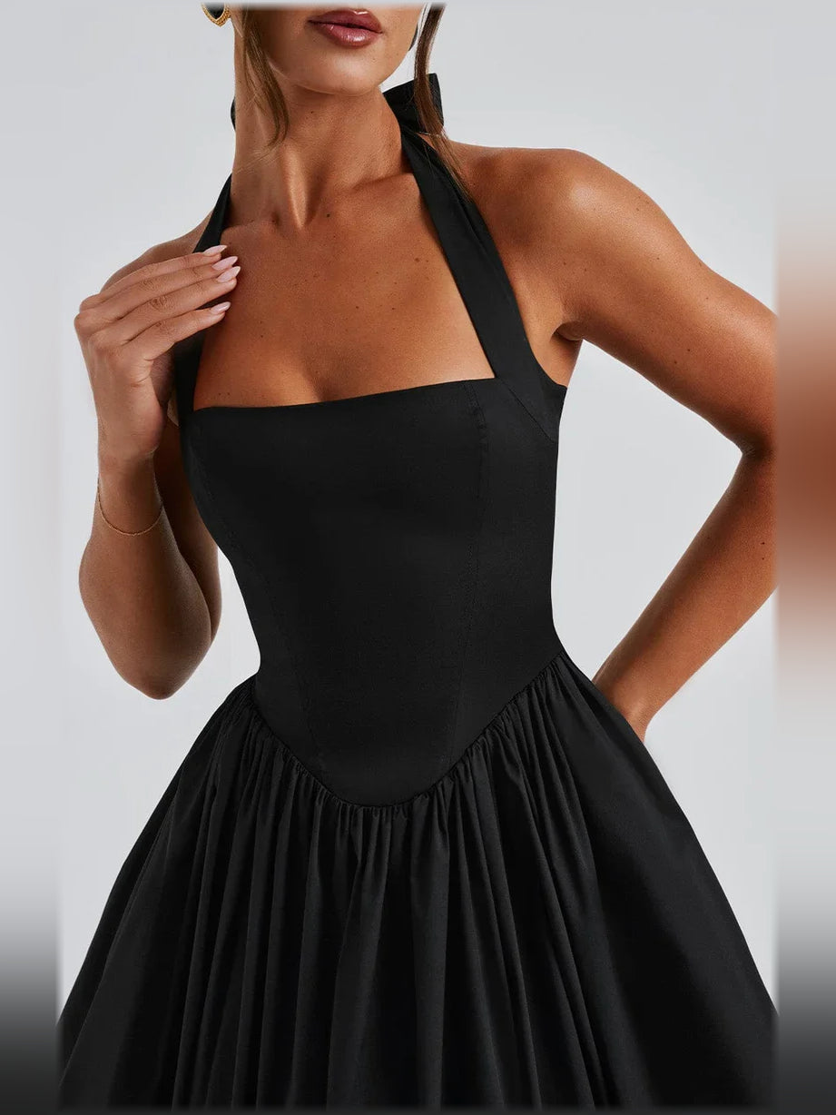 Black halter midi formal dress bodice with scoop neckline and gathered waist