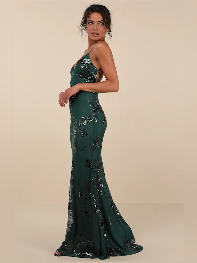 Emerald green sequin floor-length mermaid dress with V-neck and spaghetti straps