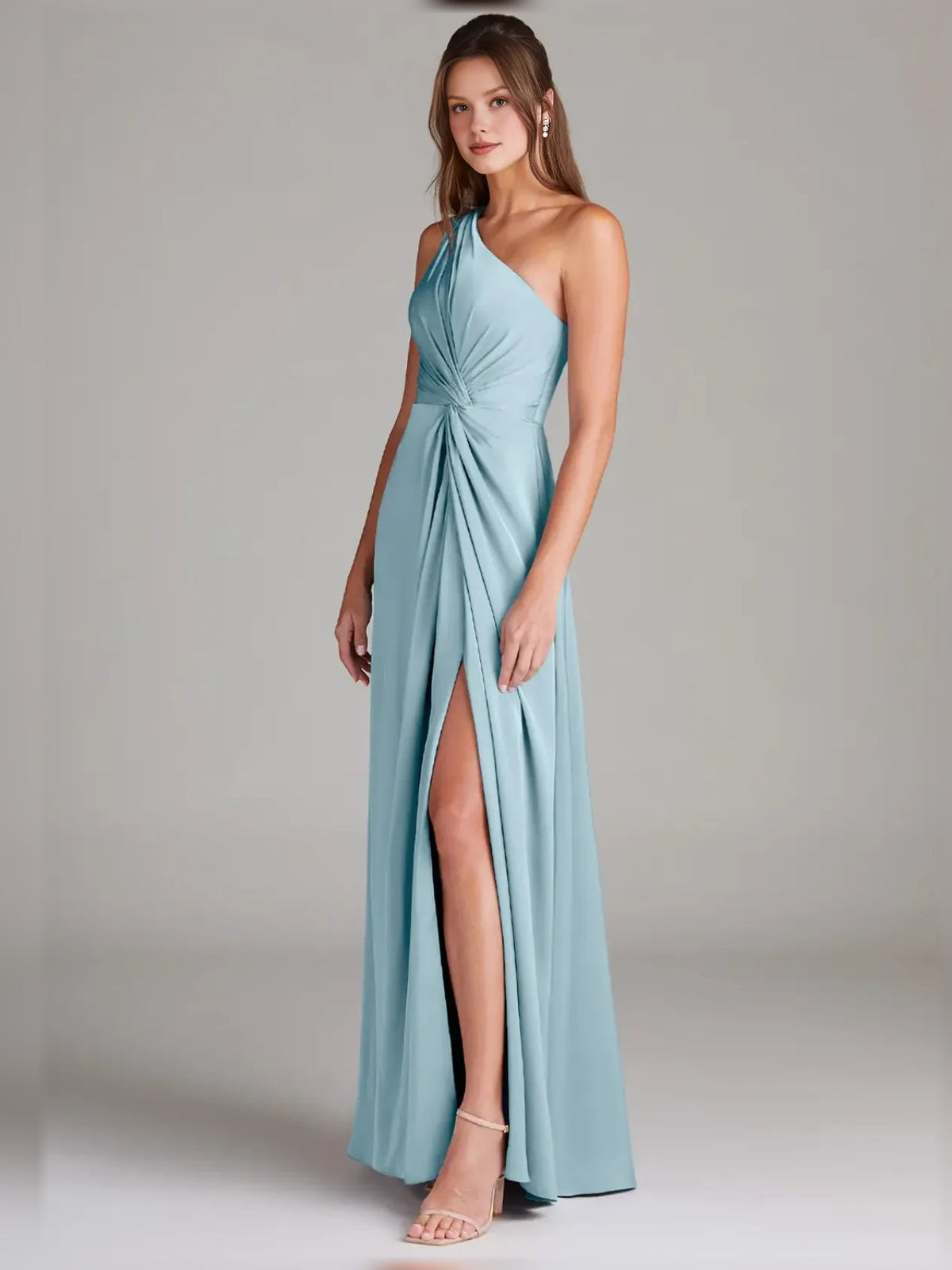 Sky blue one-shoulder formal A-line dress with draped waist and long front slit