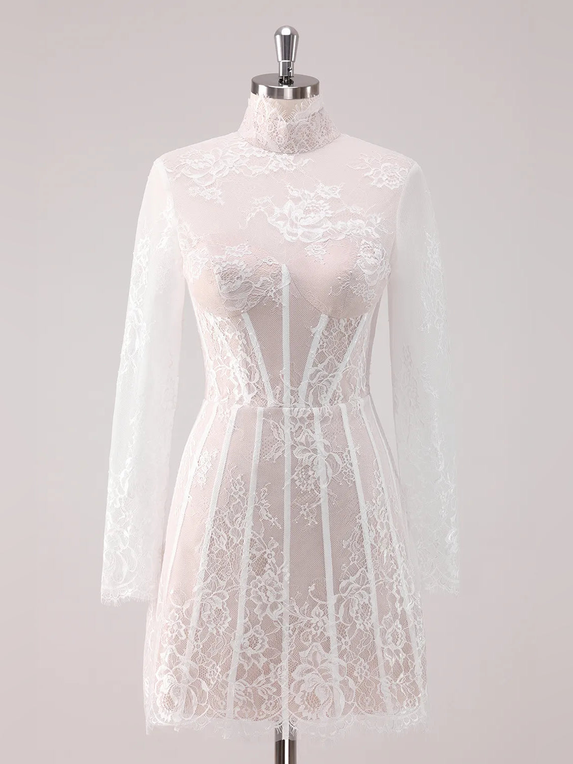 White lace corset mini dress with high neckline and long sleeves, flared A-line skirt
