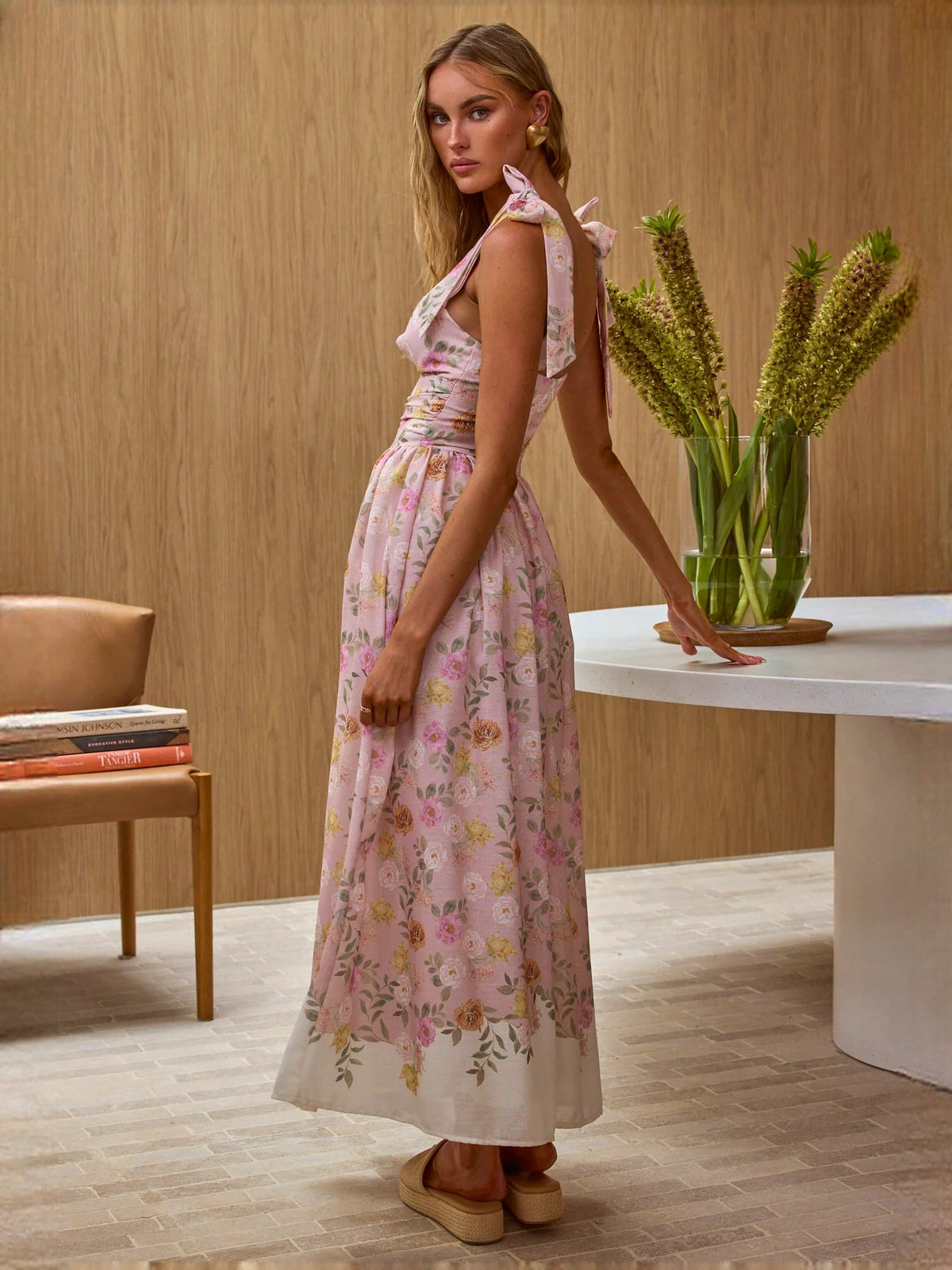 Cream Pink Floral Print a-line maxi formal dress with bow detail, alternate full-length view