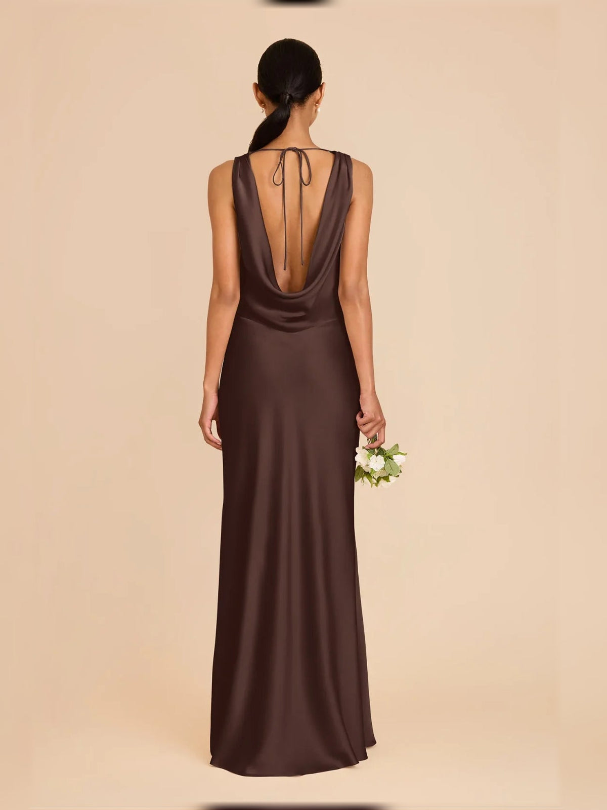 Espresso brown satin maxi dress, open back with tie straps, cowl neckline