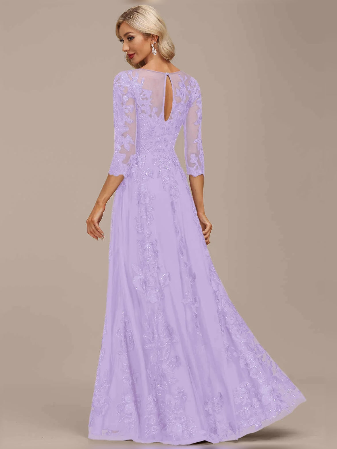 Light purple sequin A-line maxi dress with illusion neckline and sheer lace sleeves
