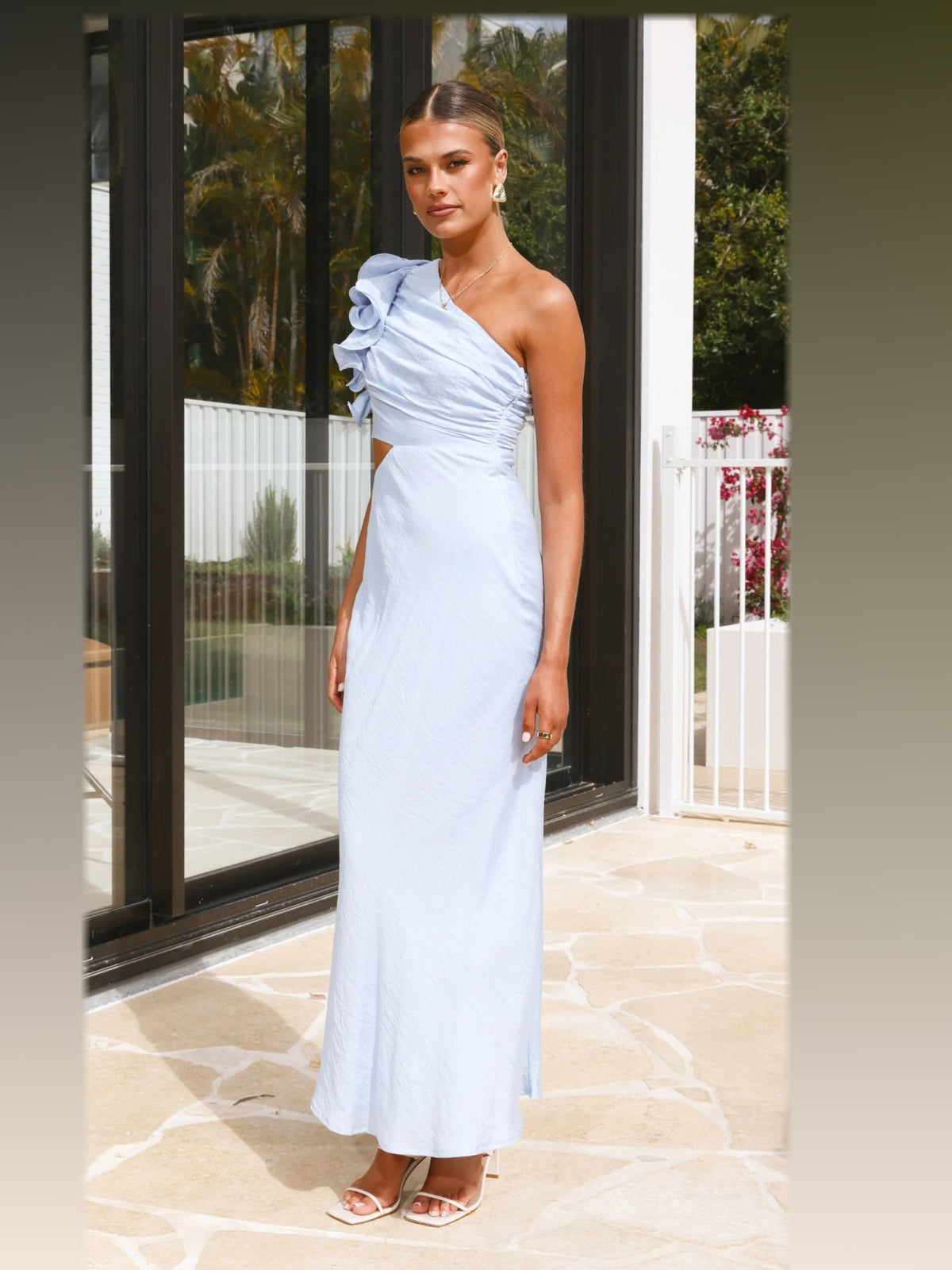 Blue maxi formal dress, alternate full-length view showing the waistline