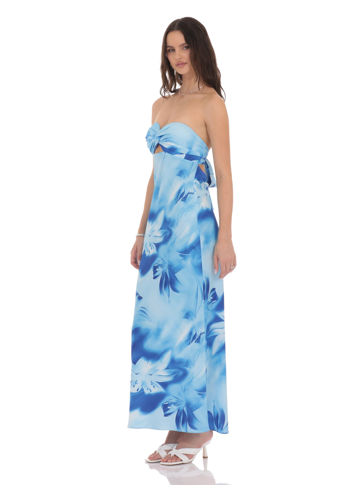 Blue bridesmaid dress with structured woven fabric construction and maxi hem