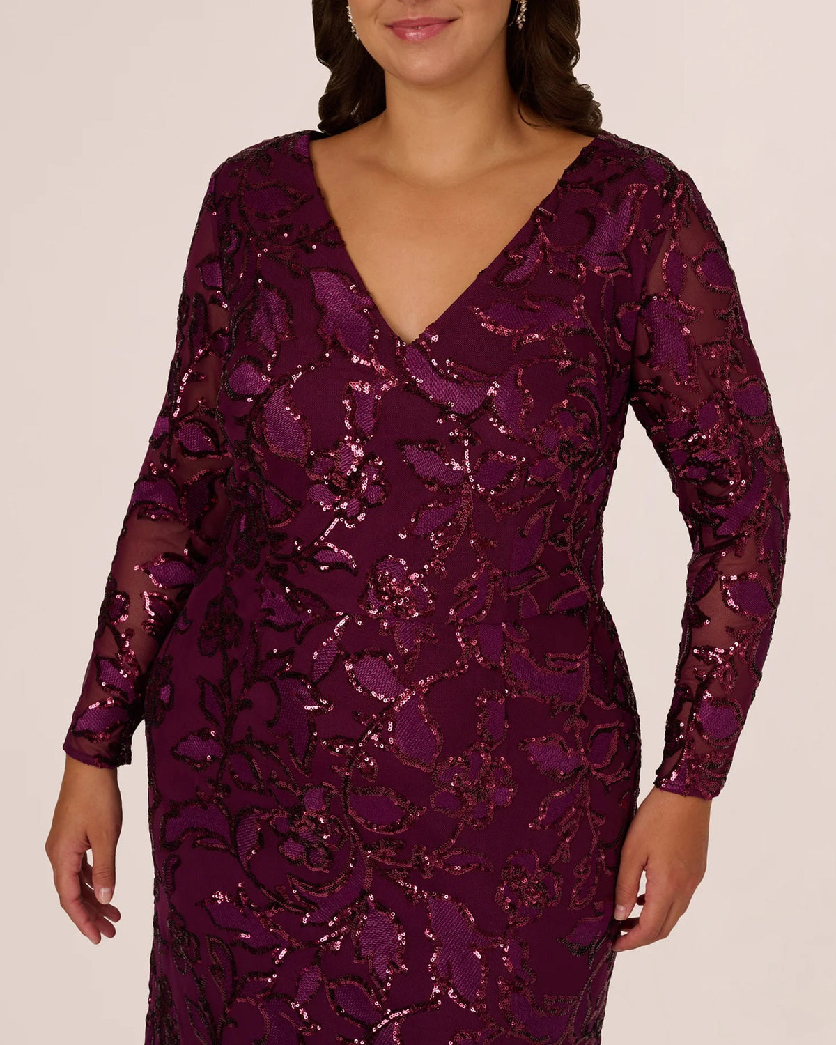 Burgundy V-neck long-sleeve embellished bodice with allover sequins