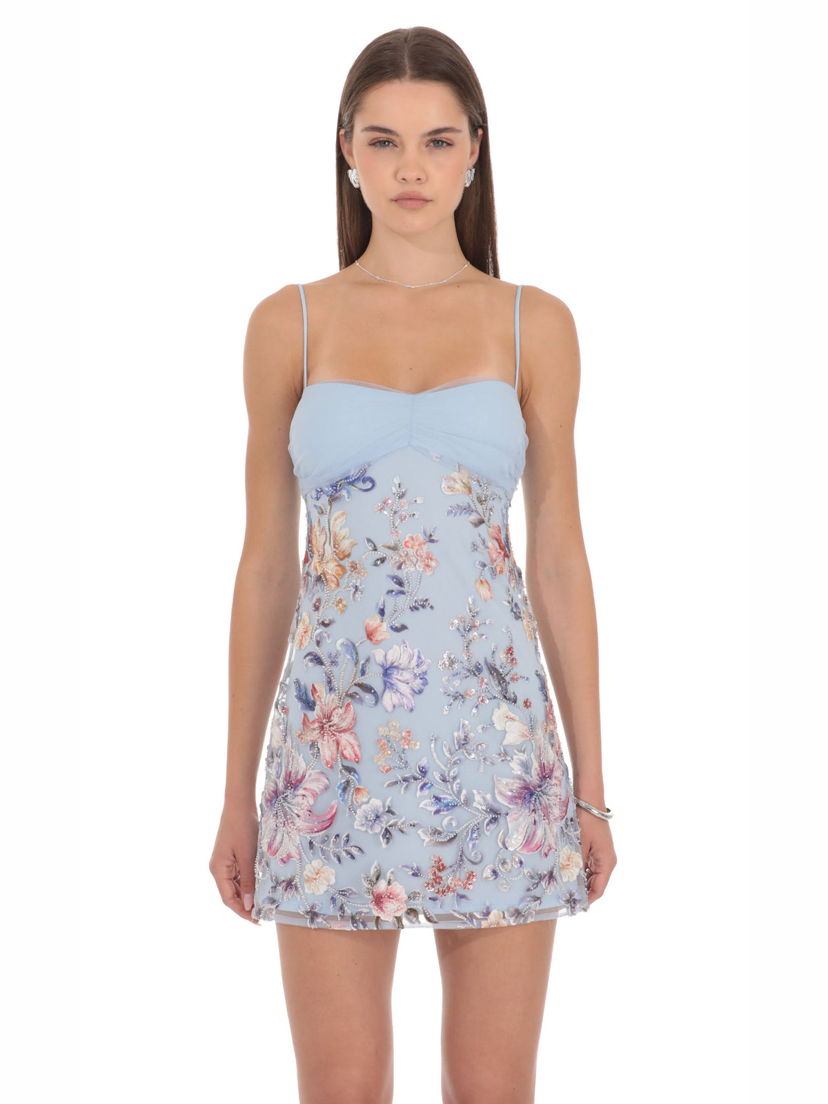 Light Blue homecoming dress with structured woven fabric construction and mini hem