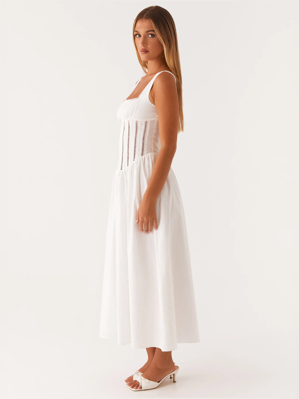 White midi formal dress, sleeveless square neck with lace trim, flared midi skirt