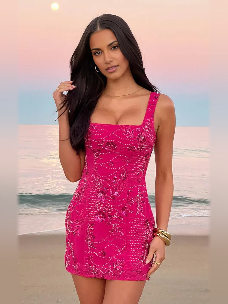 Magenta sequin floral square-neck bodycon mini dress, sleeveless