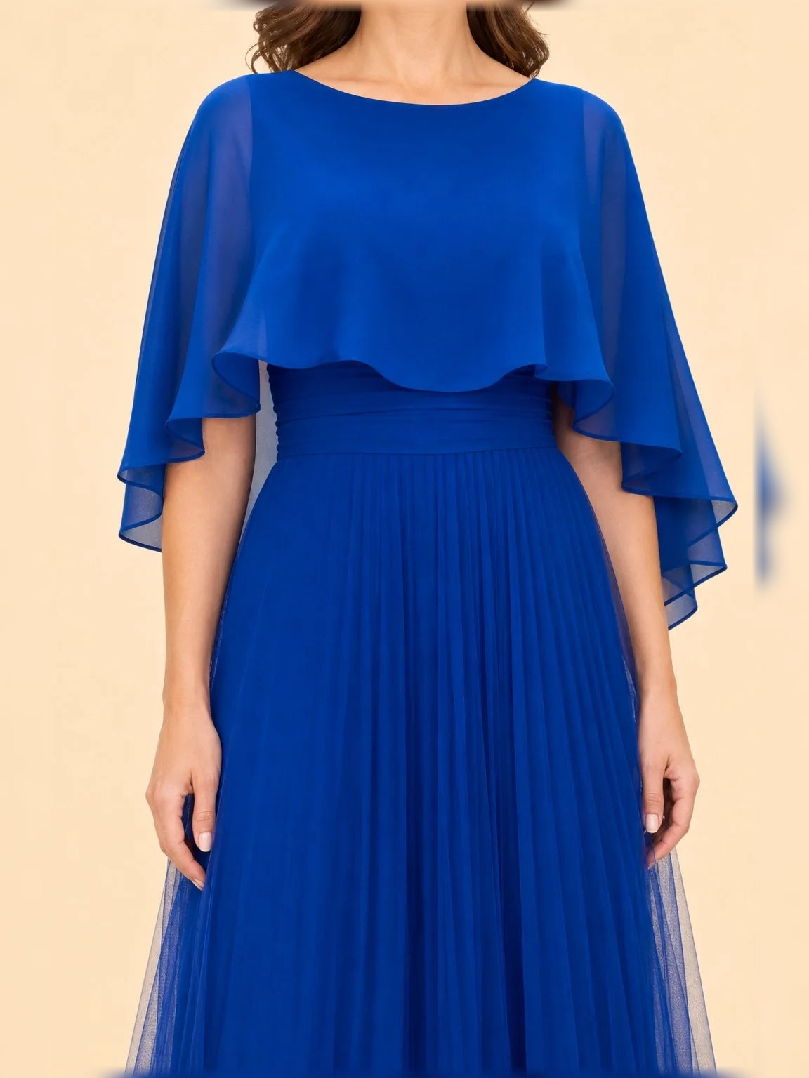 Navy pleated A-line dress with layered ruffle overlay at the neckline