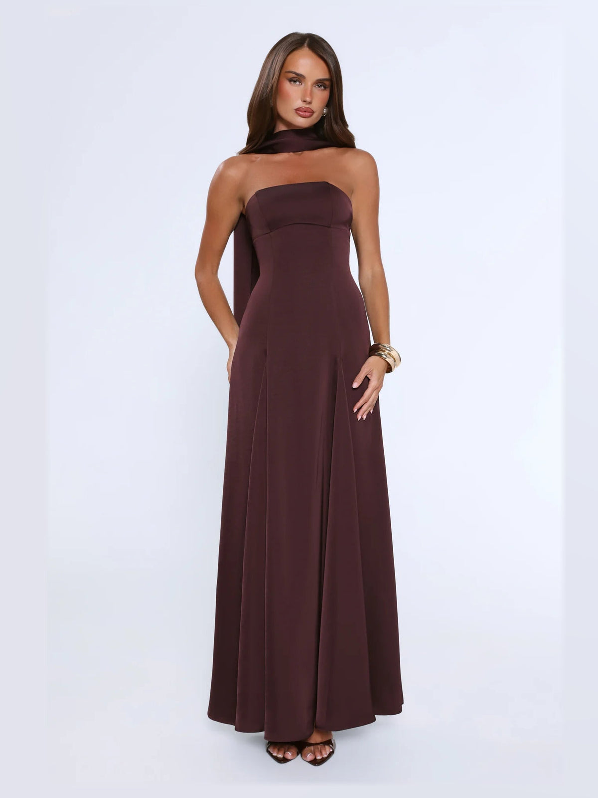 Chocolate formal dress with satin construction and maxi hem