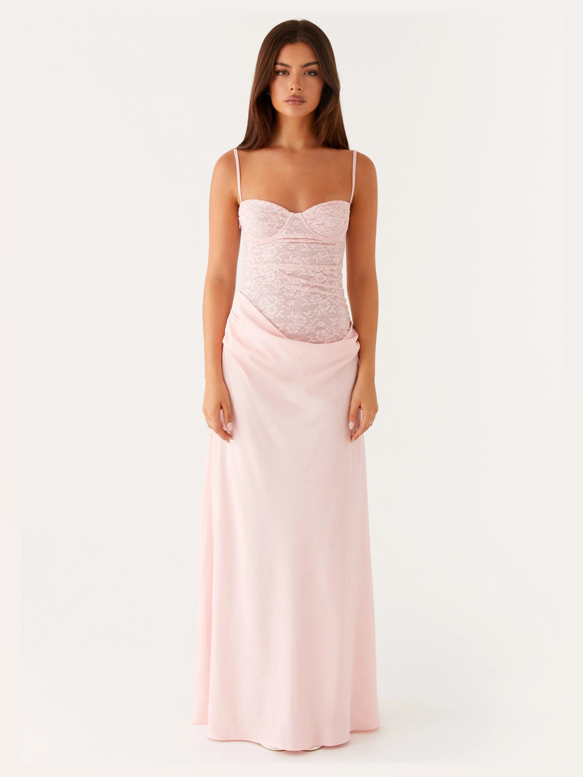 Pink maxi formal dress, alternate full-length view showing the waistline