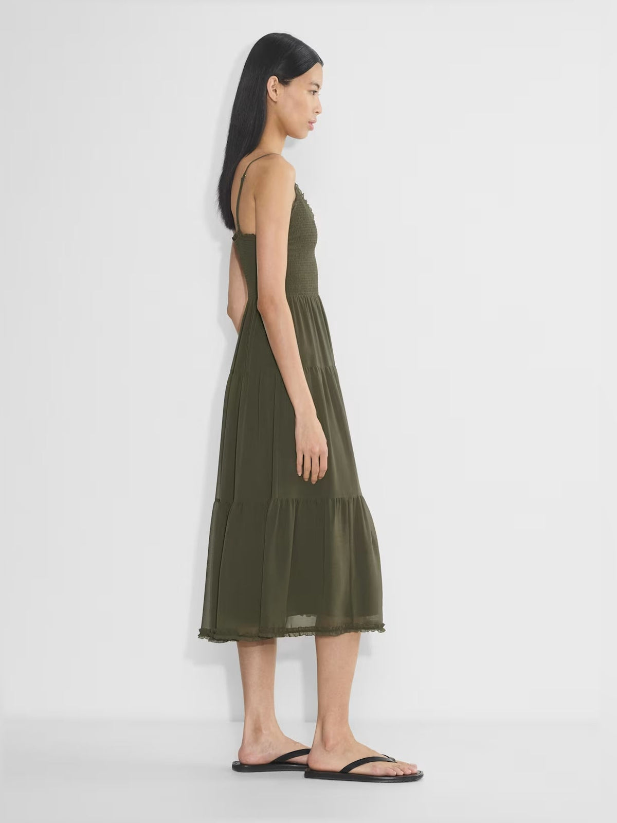 Olive V-neck tiered midi chiffon dress with spaghetti straps, side view