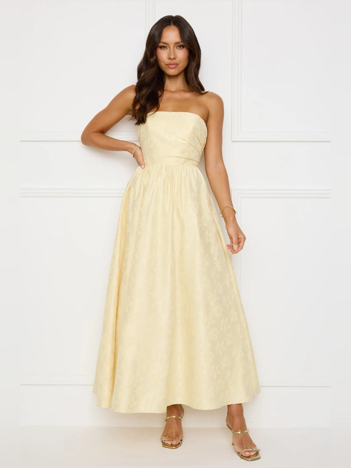 Yellow a-line maxi formal dress with strapless neckline, alternate view
