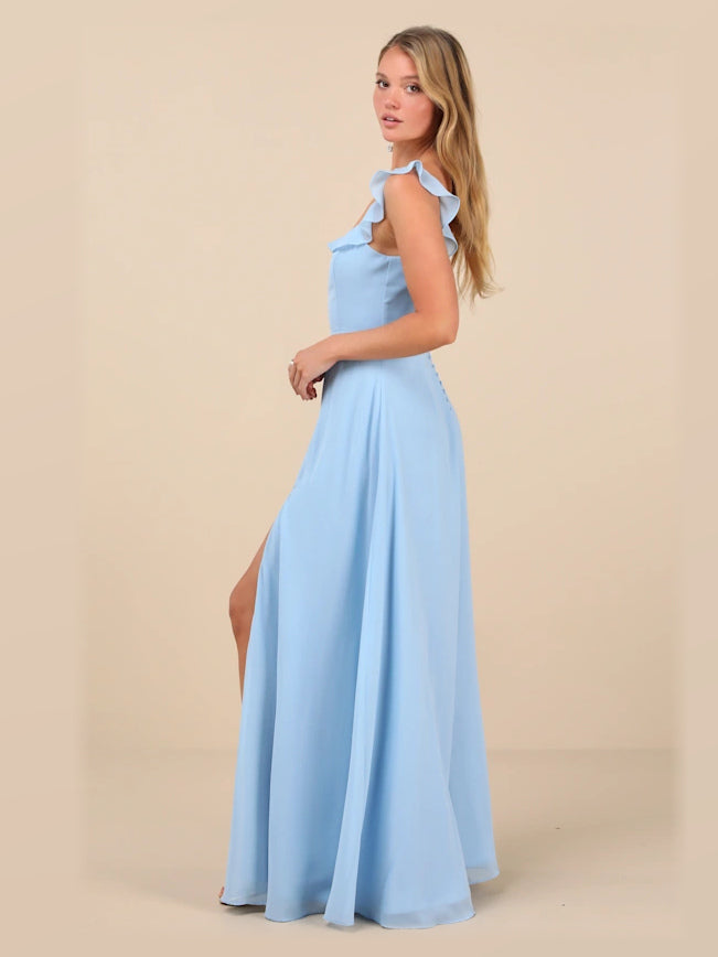 Light Blue formal dress with structured woven fabric construction and maxi hem