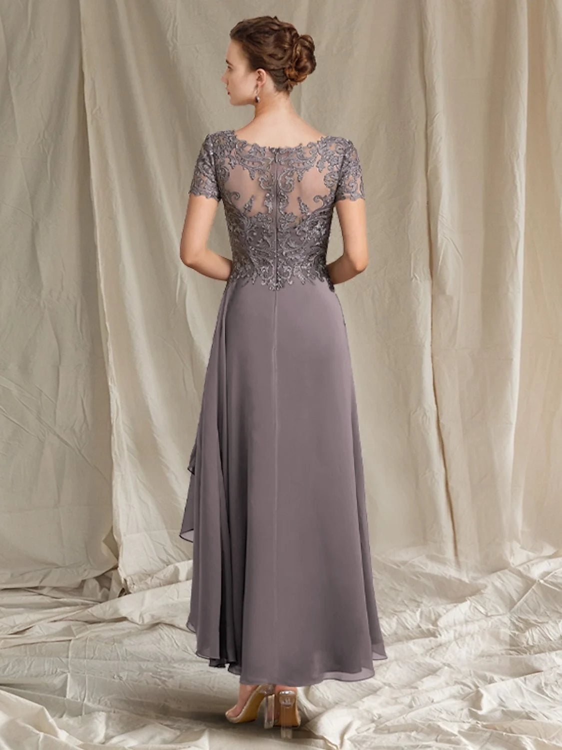 Dusk mauve V-neck A-line dress with short lace sleeves and beaded floral embroidery