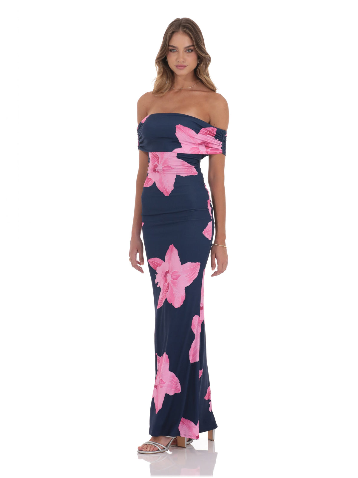Navy bridesmaid dress with structured woven fabric construction and maxi hem
