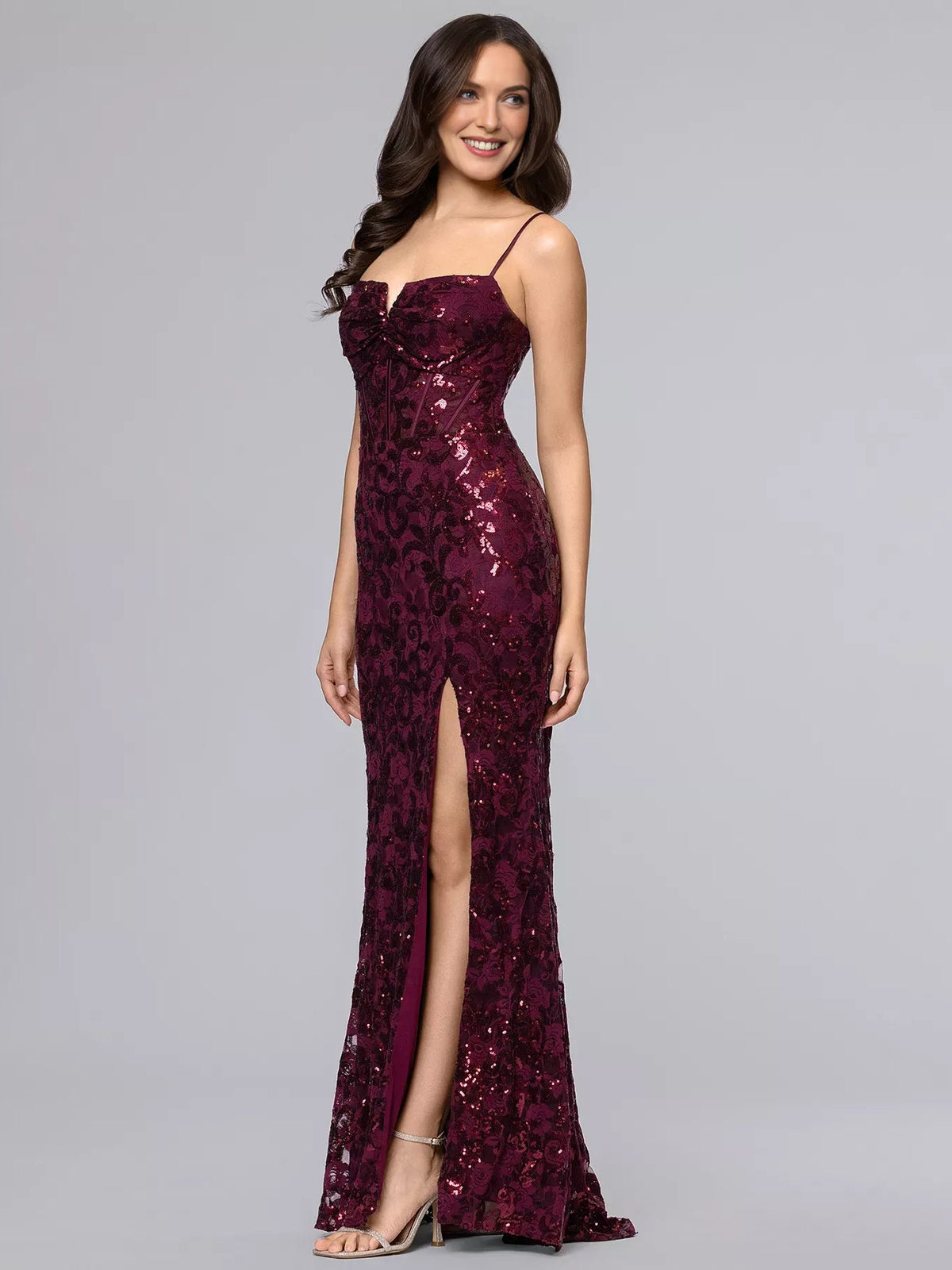 Wine sequin corset formal dress with sweetheart neckline and front thigh slit