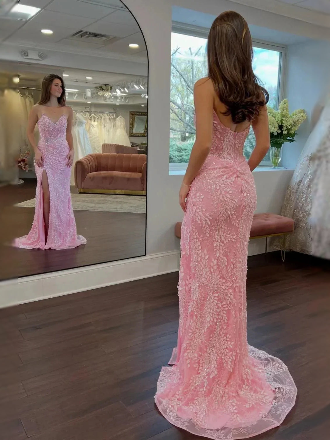 Blush pink ruched beaded mermaid maxi dress with open back and front slit