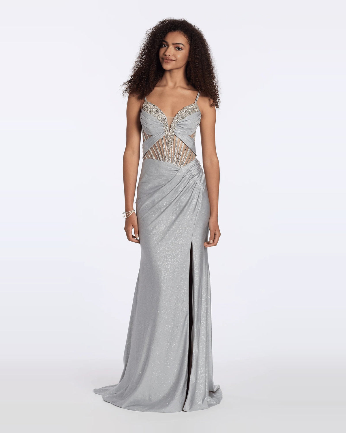 Silver ruched corset sweetheart maxi prom dress with side slit and beaded sweetheart neckline