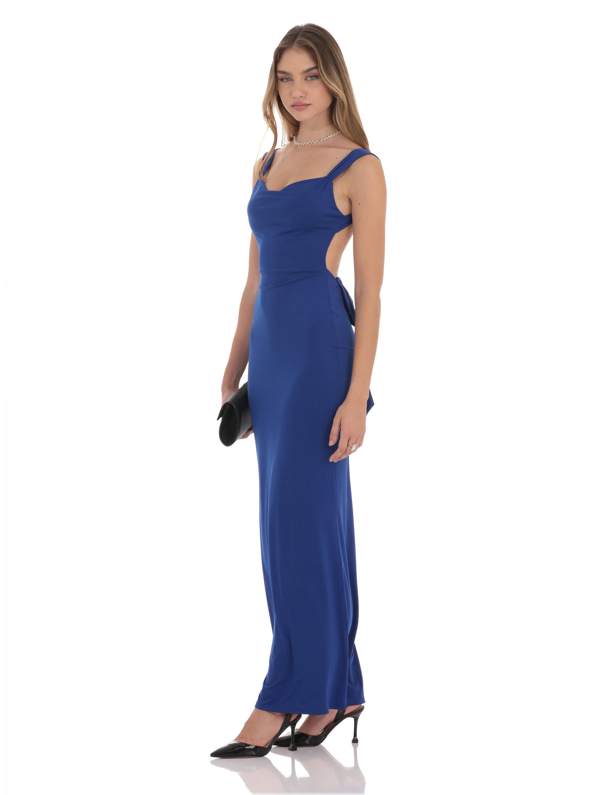 Blue A-line maxi dress with thin straps and fitted bodice