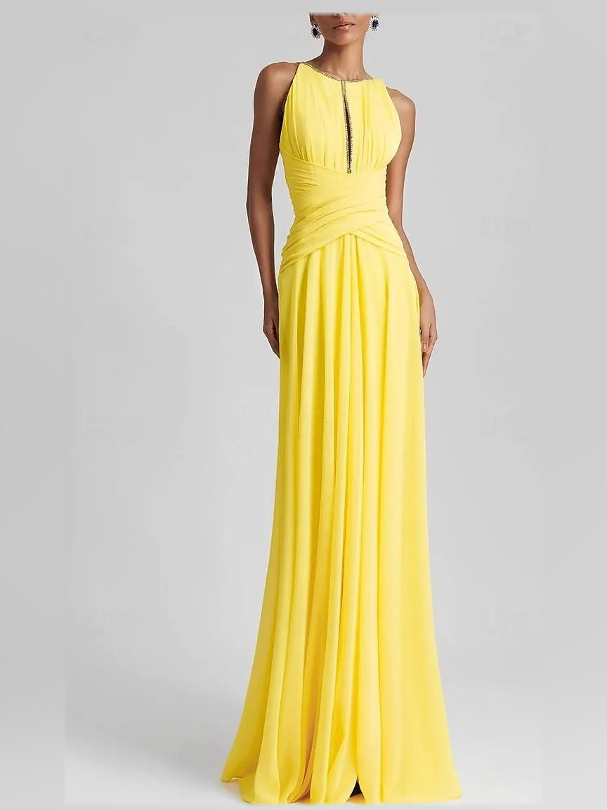 Canary yellow halter neck maxi chiffon A-line dress with pleated skirt and ruched waist