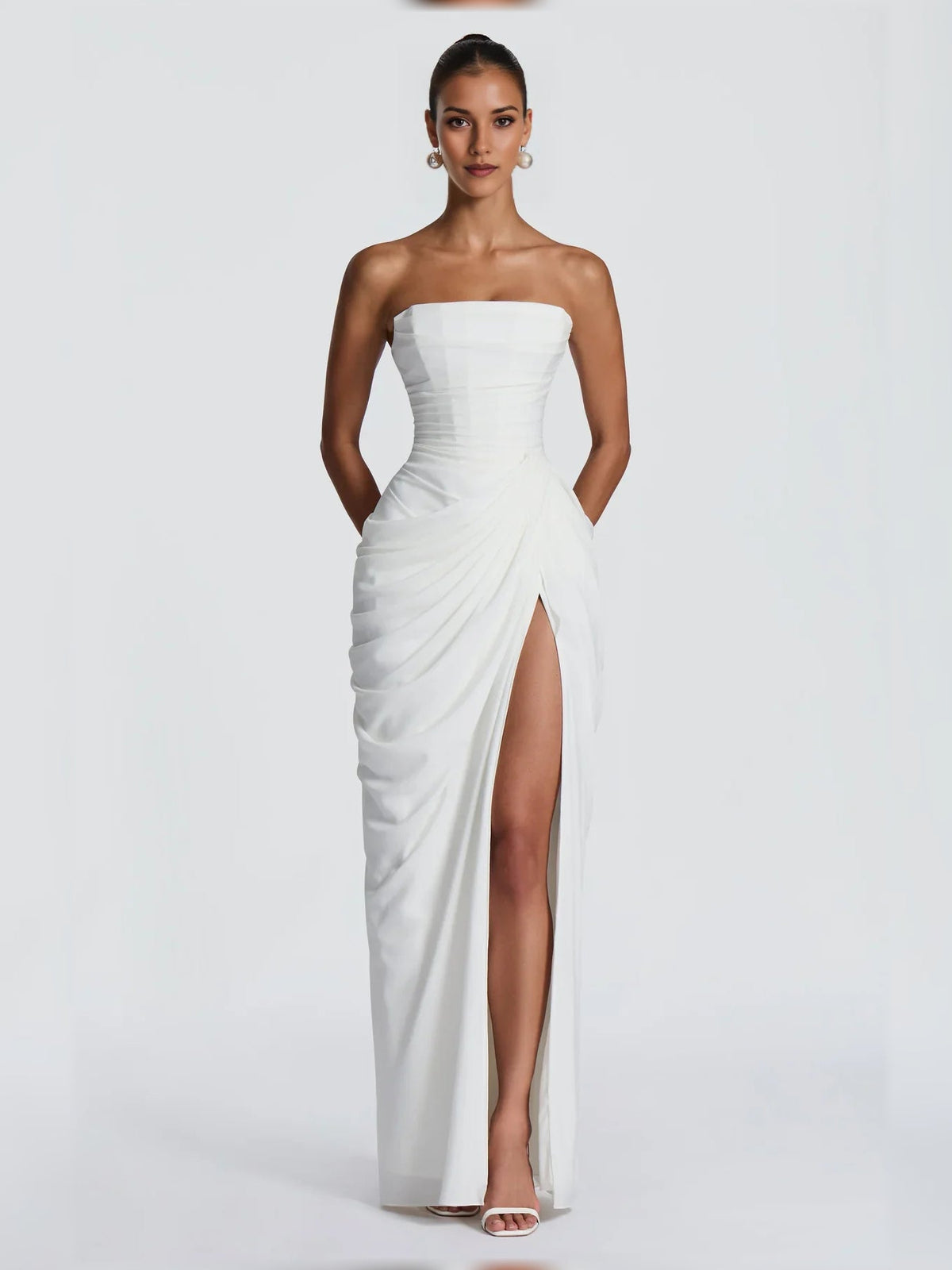 Off-shoulder corset ruched floor-length formal dress, ivory with front slit