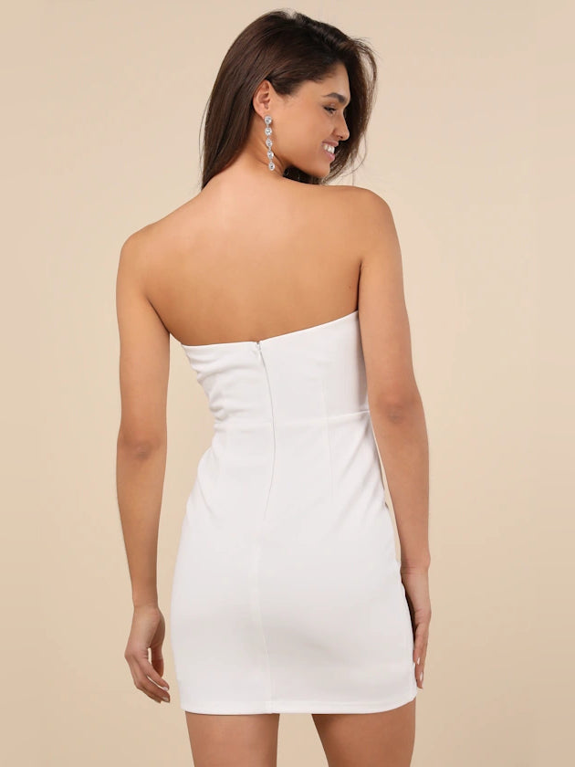 White strapless corset mini dress, fitted back with center seam and straight hem