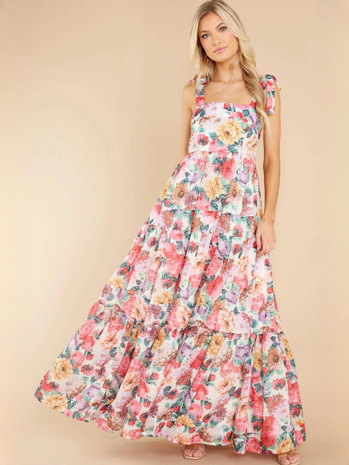Ivory Multicolor Floral Print a-line maxi formal dress with tiered skirt, alternate full-length view showing the bodice