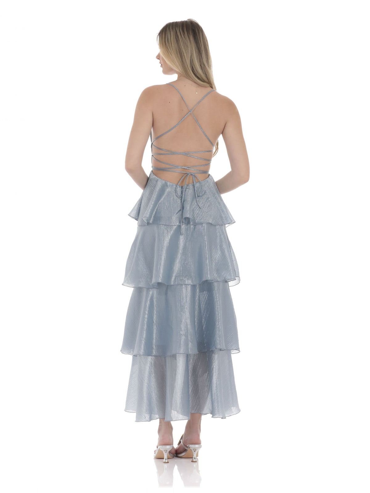 Slate Blue bridesmaid dress with structured woven fabric construction and maxi hem