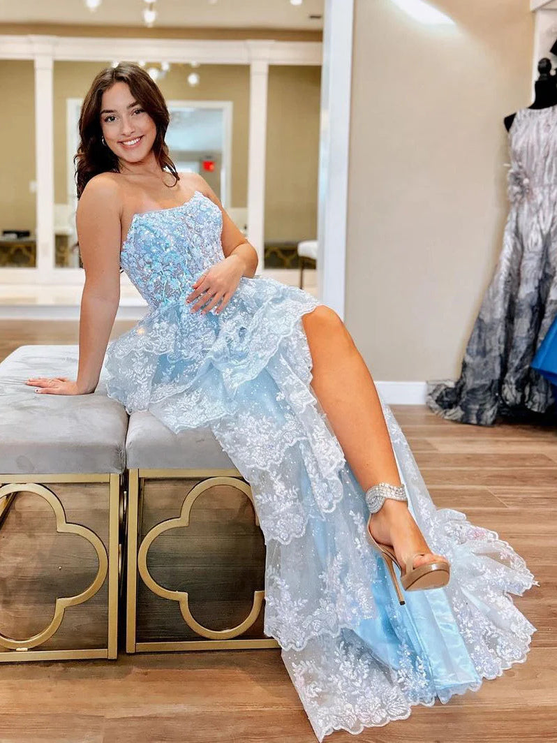 Light blue strapless tiered floral tulle prom dress with high-low hem