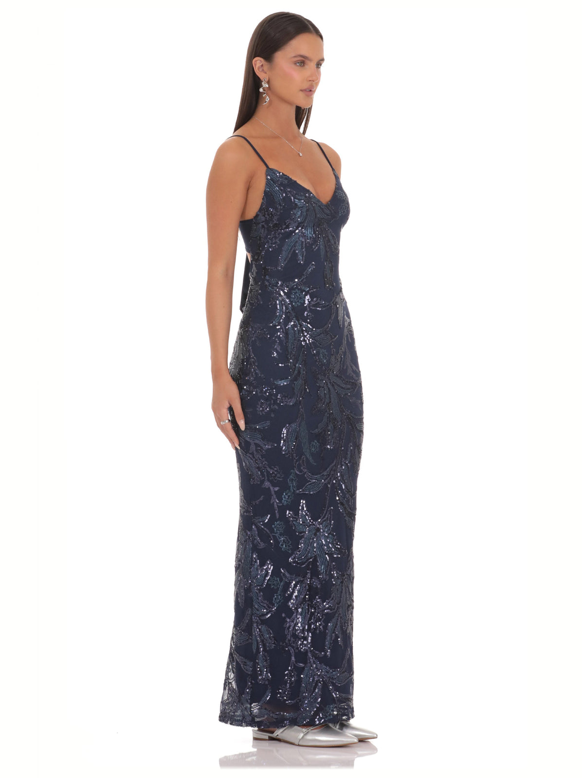 Navy bridesmaid dress with mesh construction and maxi hem