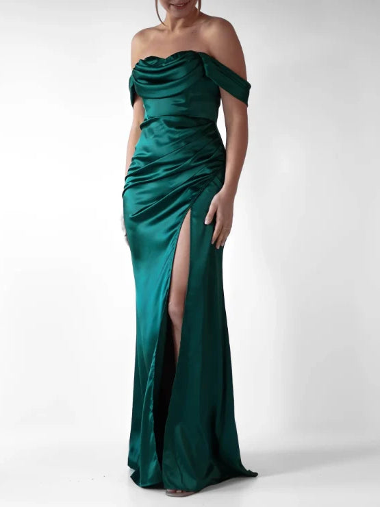 Off-the-shoulder satin slit sheath dress, peacock teal, gathered bodice and thigh-high slit
