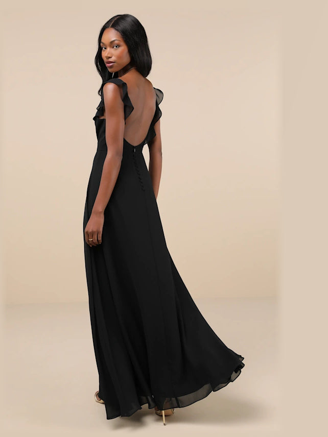 Black formal dress with structured woven fabric construction and maxi hem