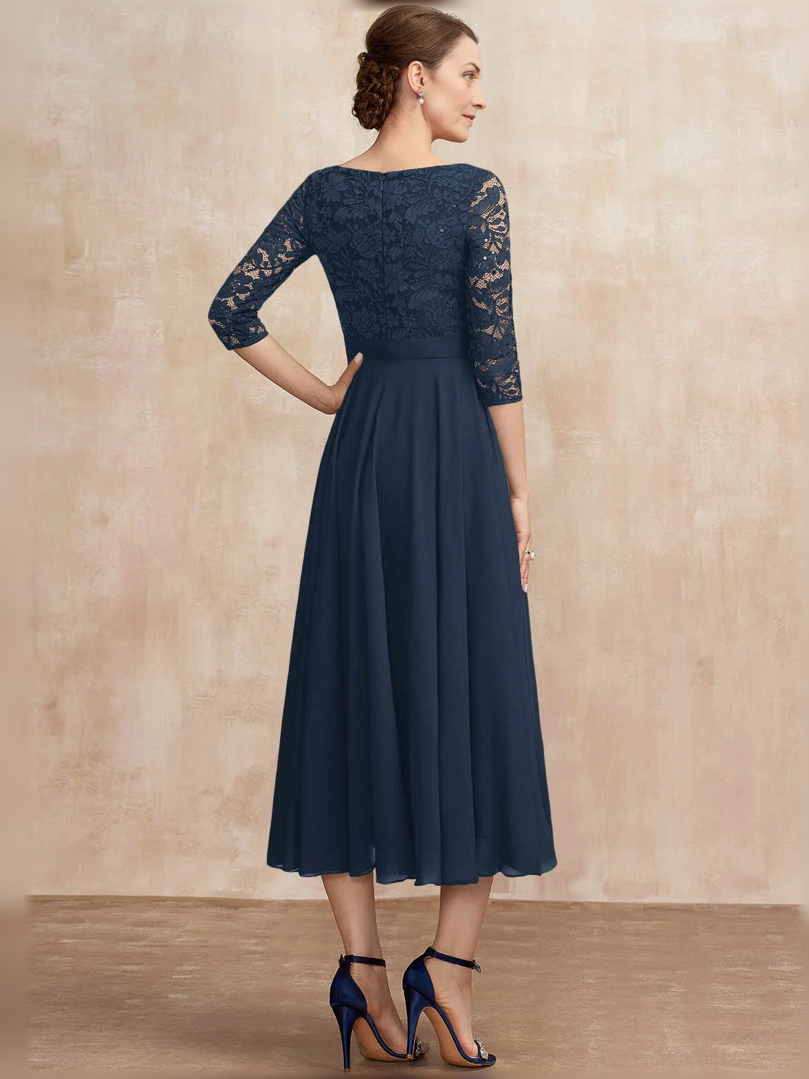 Navy sequined lace midi A-line dress, bateau neck, pleated chiffon skirt (back view)