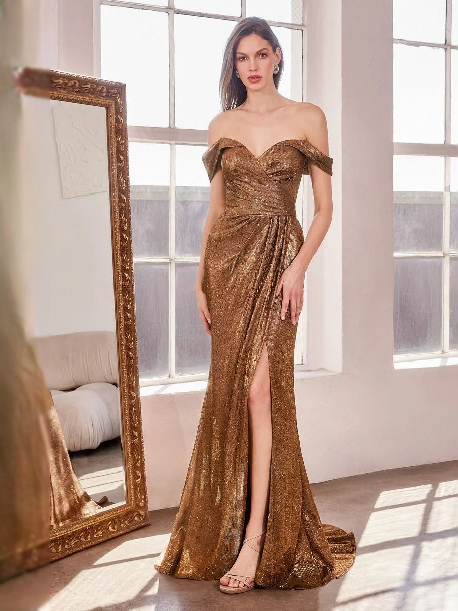 Bronze off-shoulder sweetheart mermaid prom dress with draped bodice and long side slit.