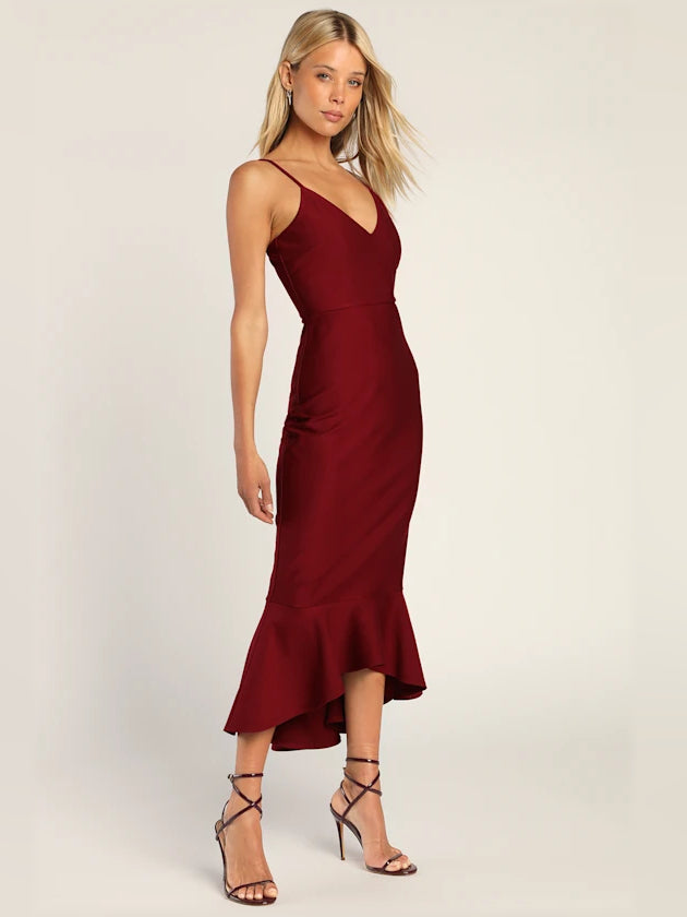 Wine red fitted midi dress with V-neck, trumpet hem flare, sleeveless spaghetti straps.