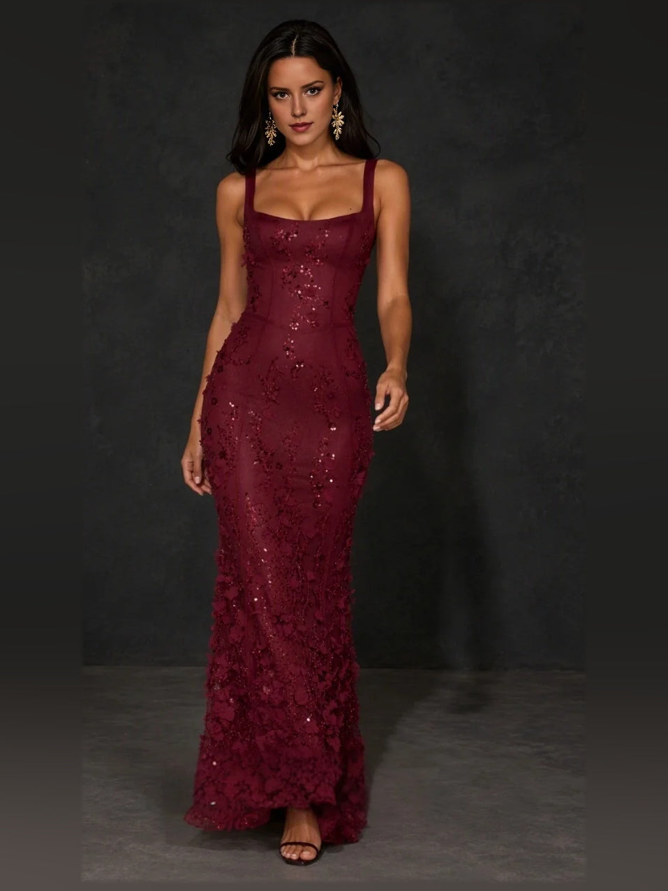 Burgundy corset-style mermaid prom dress with square neckline, floral applique and thin straps