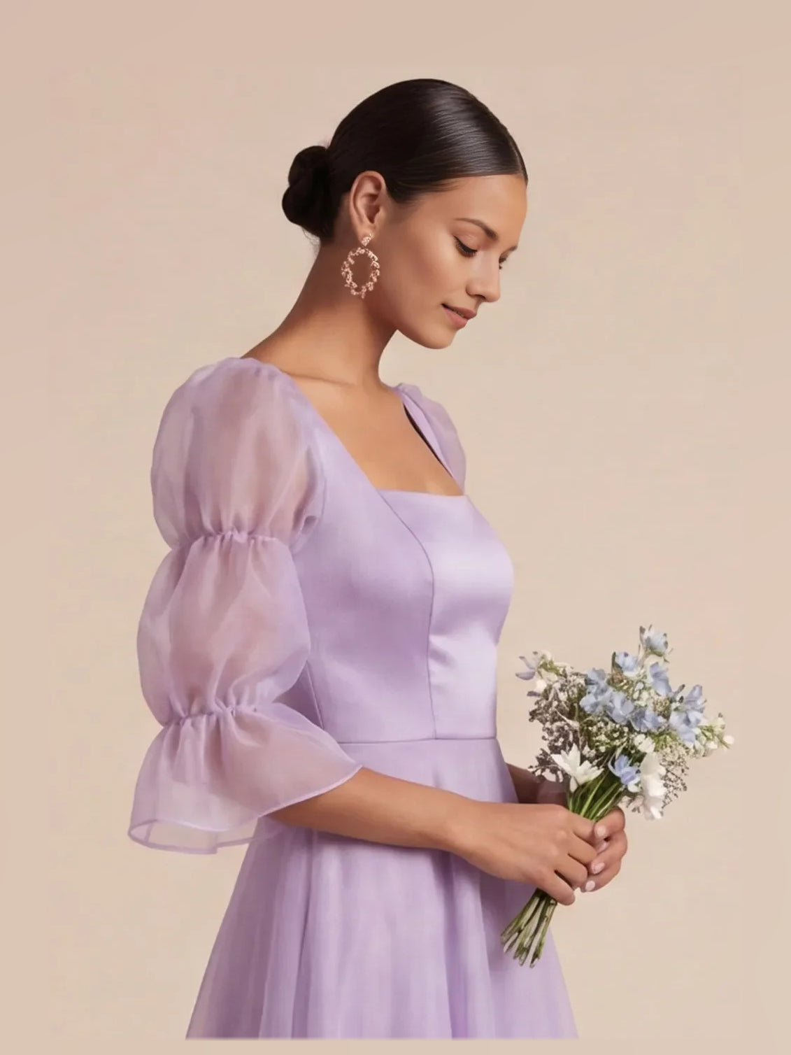 Lilac satin A-line maxi dress, square neck, sheer puff sleeves, tiered skirt