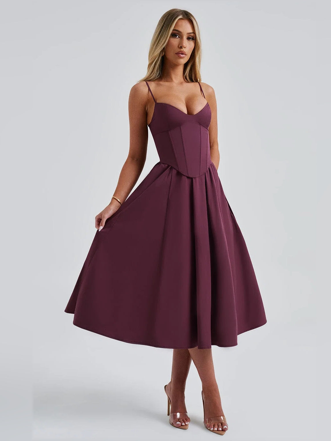 Cherry midi formal dress with corset-style bodice, spaghetti straps, gathered waist, flared pleated hem