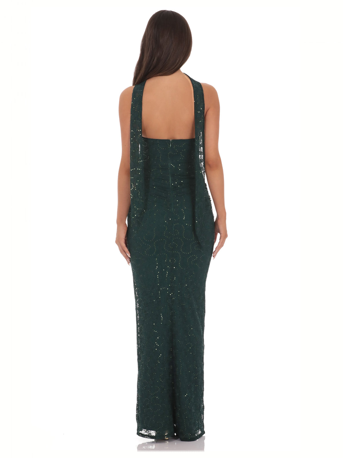 Green bridesmaid dress with mesh construction and maxi hem