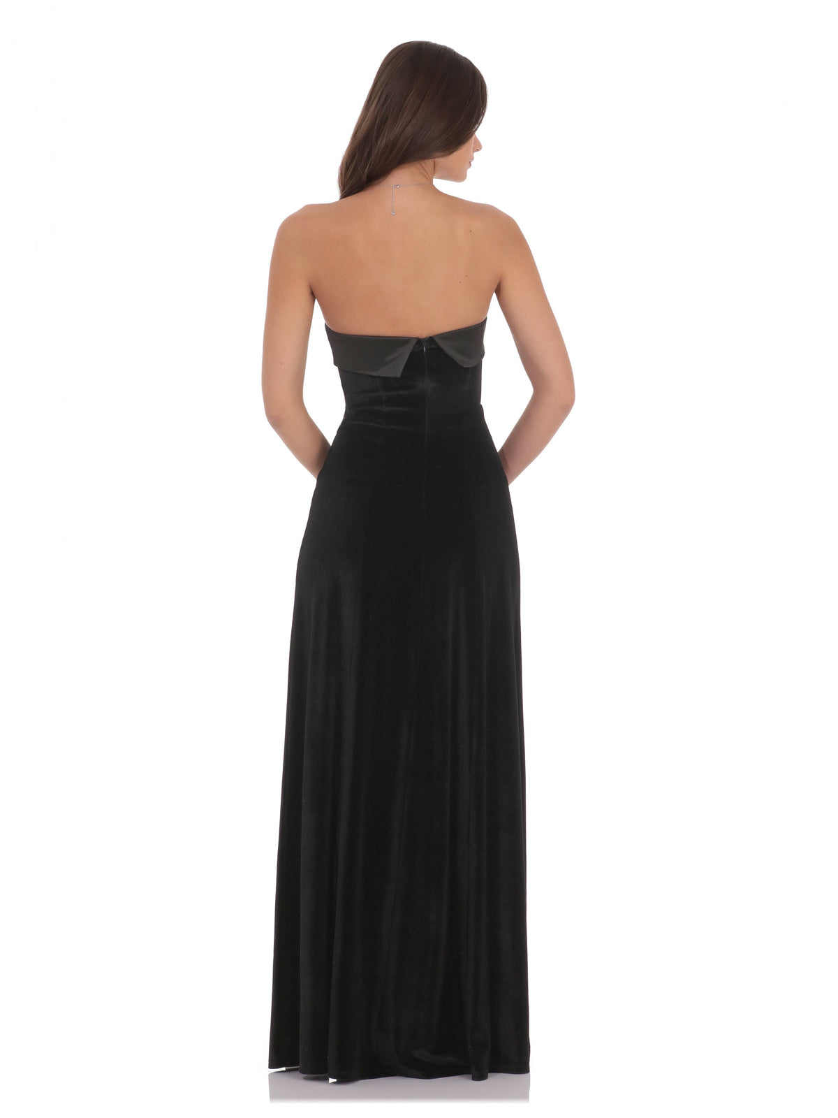 Black bridesmaid dress with satin construction and maxi hem