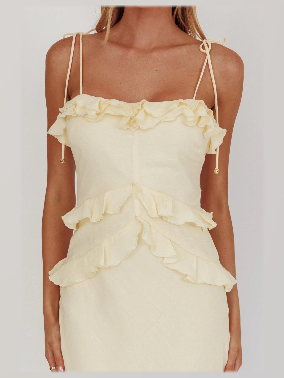 Yellow maxi formal dress, alternate full-length view showing the waistline