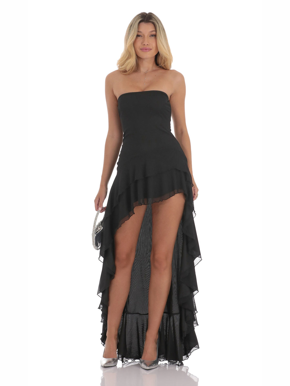 Black homecoming dress with mesh construction and high-low hem