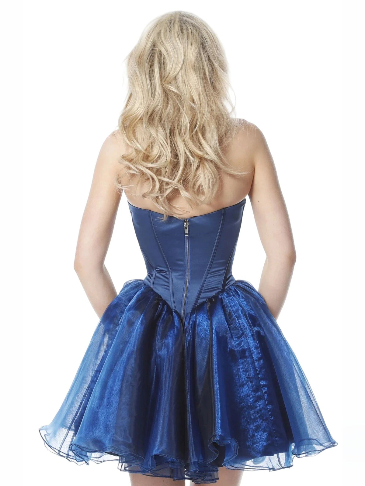 Navy blue satin corset dress with V-back and flared A-line short skirt