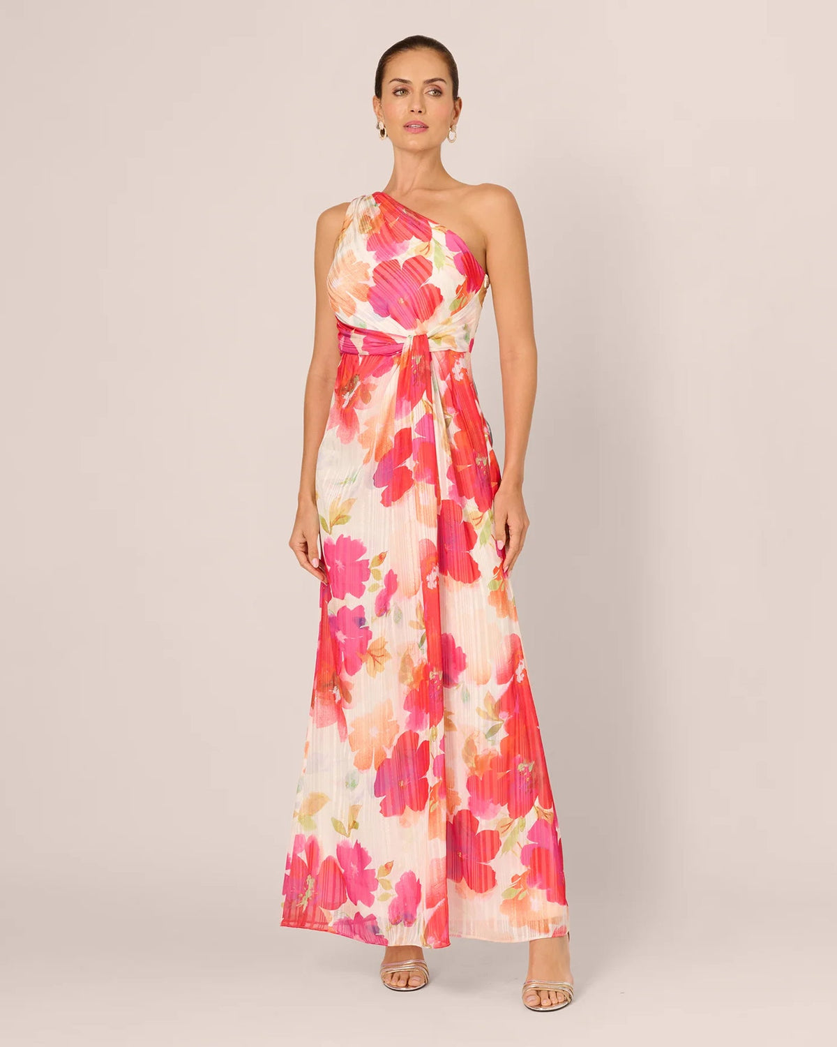 One-shoulder A-line maxi dress with waist tie, ivory pink/red floral
