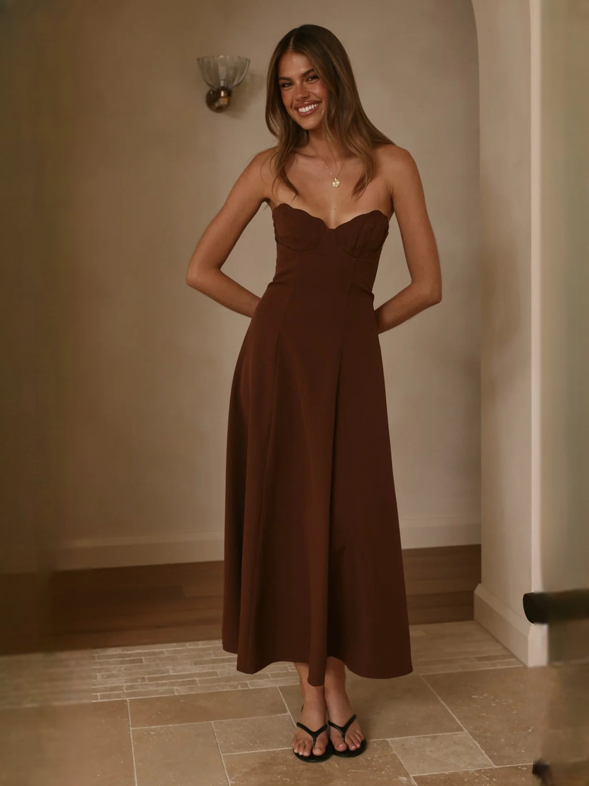 Chocolate strapless midi formal dress with sweetheart neckline and gathered seam detail